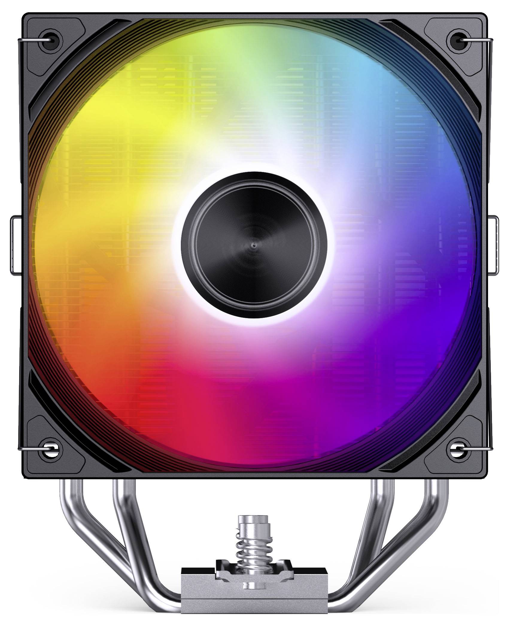 Barevný RGB počítačový chladicí ventilátor se středovým černým středem a kovovými upevňovacími držáky.