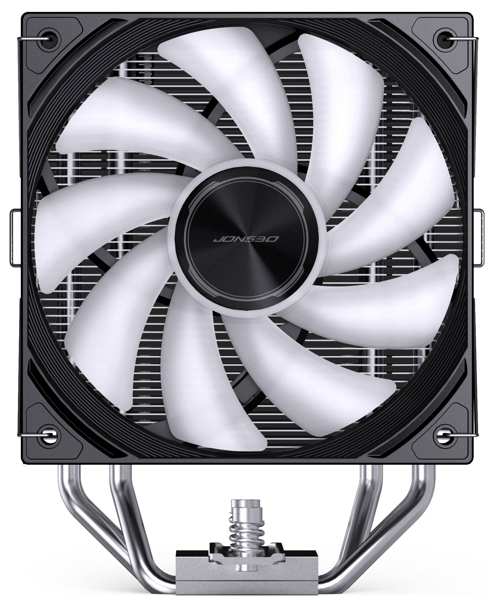 Chladící ventilátor počítače s bílými lopatkami a černým čtvercovým rámem, připevněný na kovový závěsný držák chladiče.