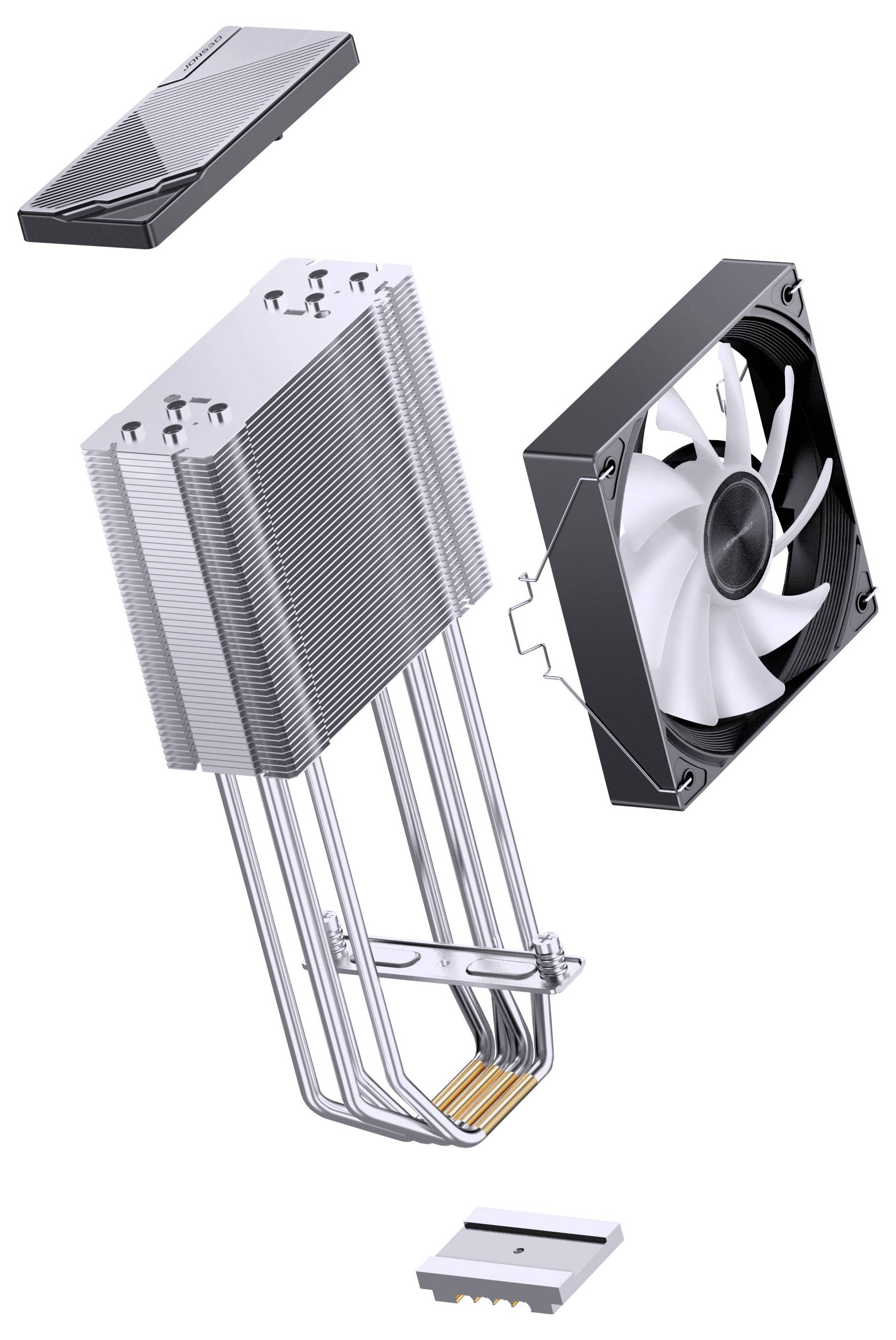 Rozložený pohled na sestavu chladiče CPU se horním krytem, kumulací žeber, tepelnými trubicemi a ventilátorem.