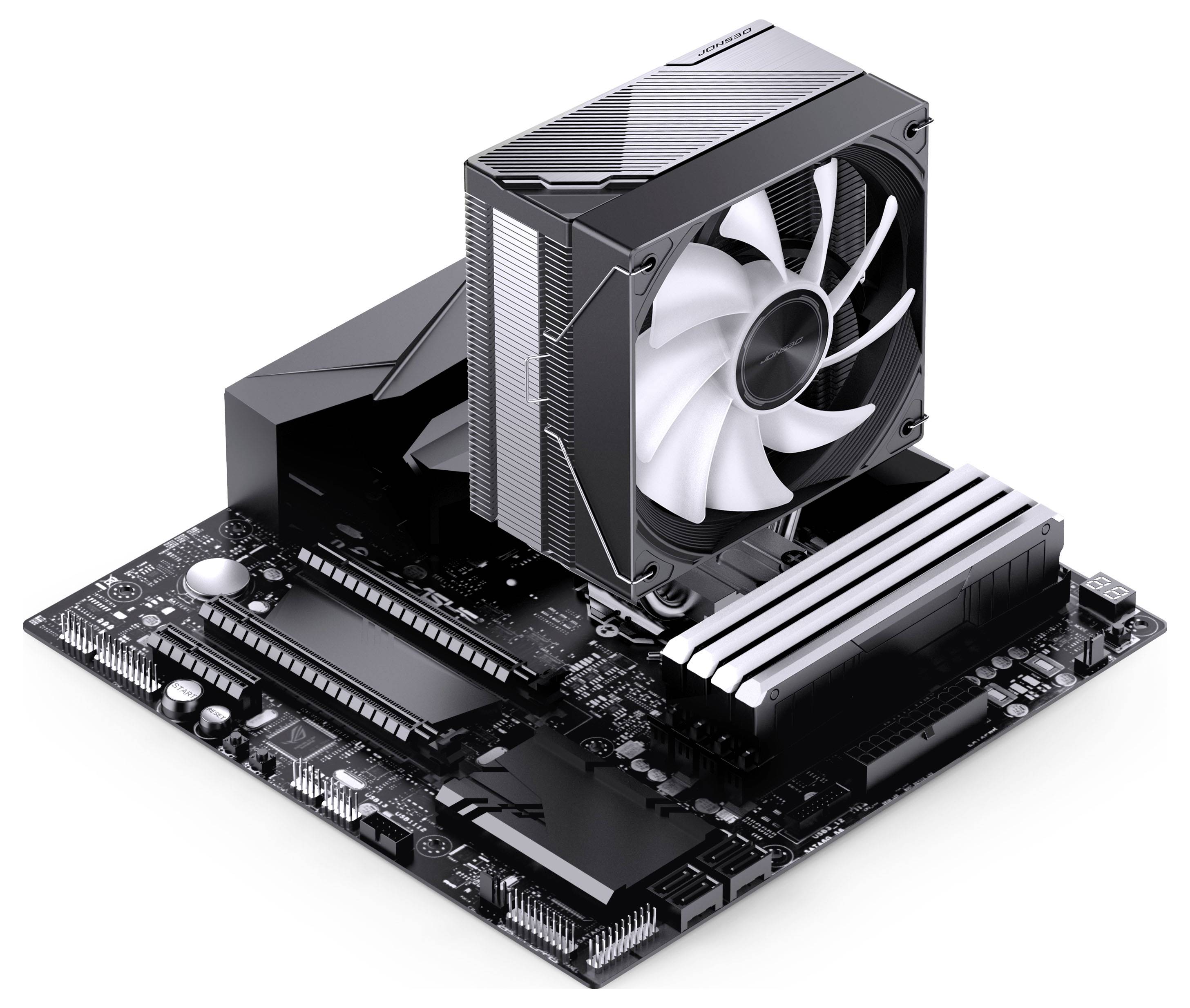 Černá počítačová základní deska s velkou věžovou CPU chladičem a ventilátorem, zobrazená jako 3D ilustrace hardwaru na bílém pozadí.