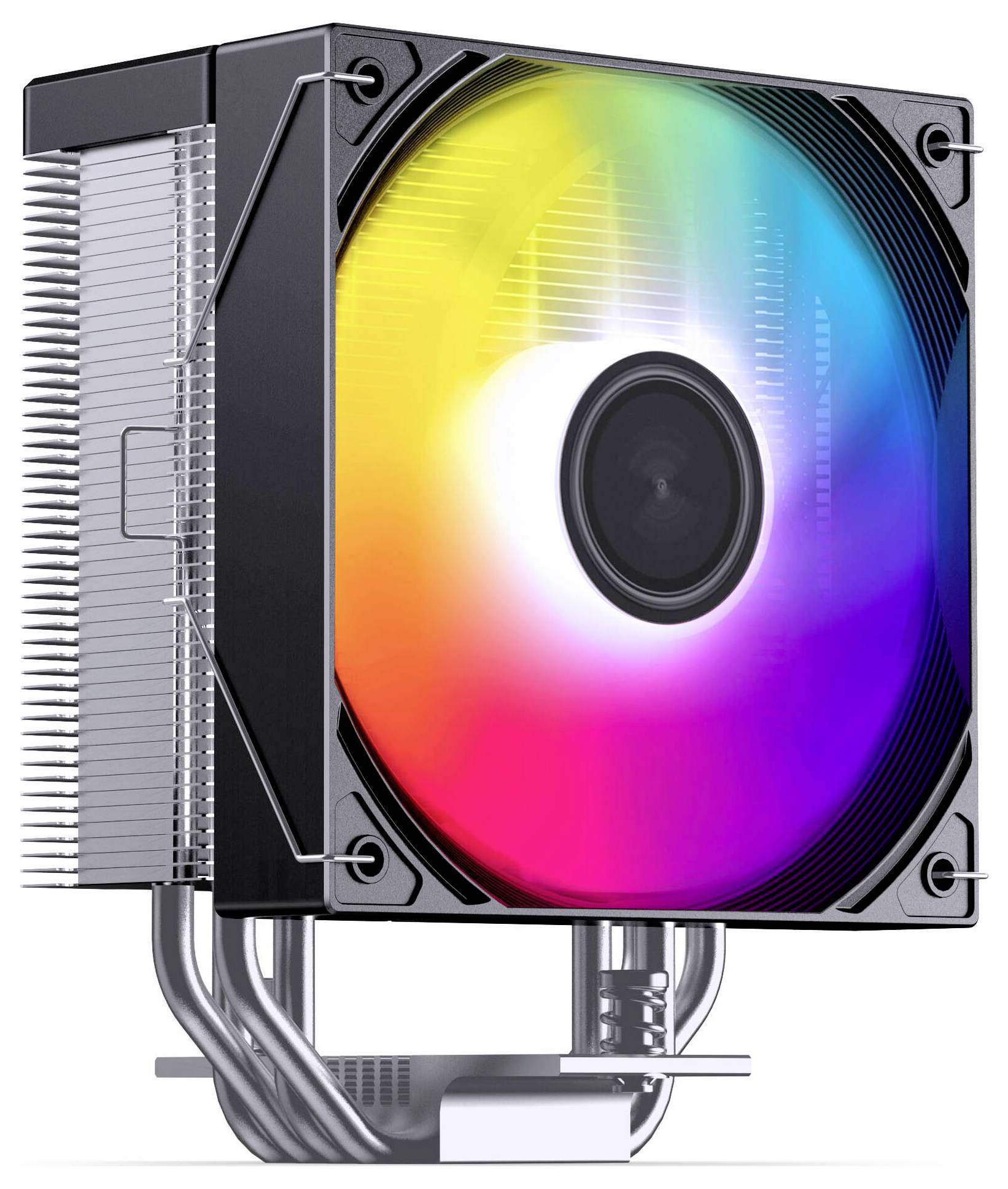 Chladič procesoru s velkým duhovým RGB ventilátorem a vrstvením hliníkového chladiče se tepelnými trubicemi.