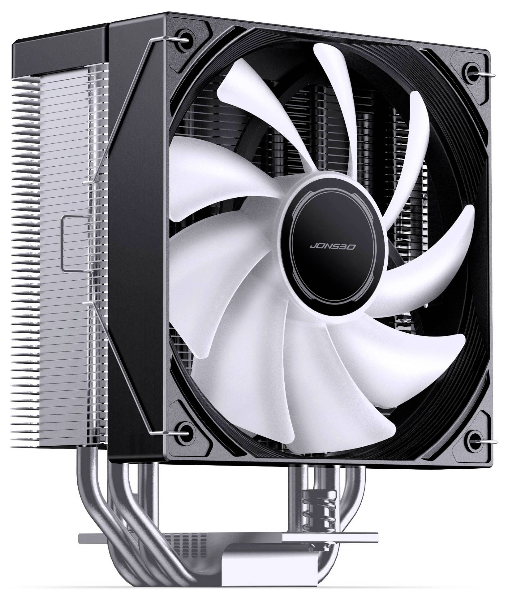 Černý procesorový vzduchový chladič s bílým ventilátorem a kovovými trubkami chladiče, zobrazený na bílém pozadí.