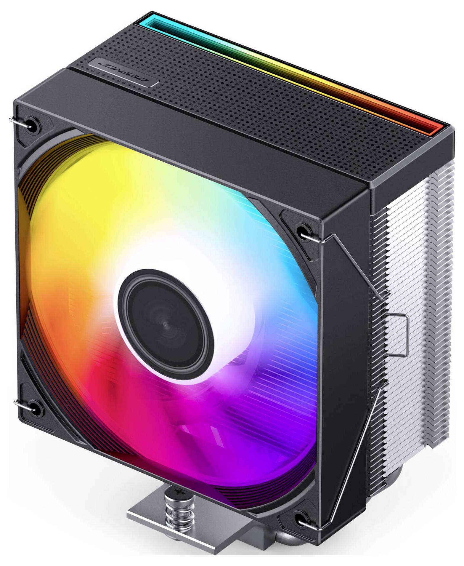 Kompaktní počítačový chladicí ventilátor s RGB osvětlenými lopatkami a černým chladičem, zobrazený v trojčtvrtinném pohledu na bílém pozadí.