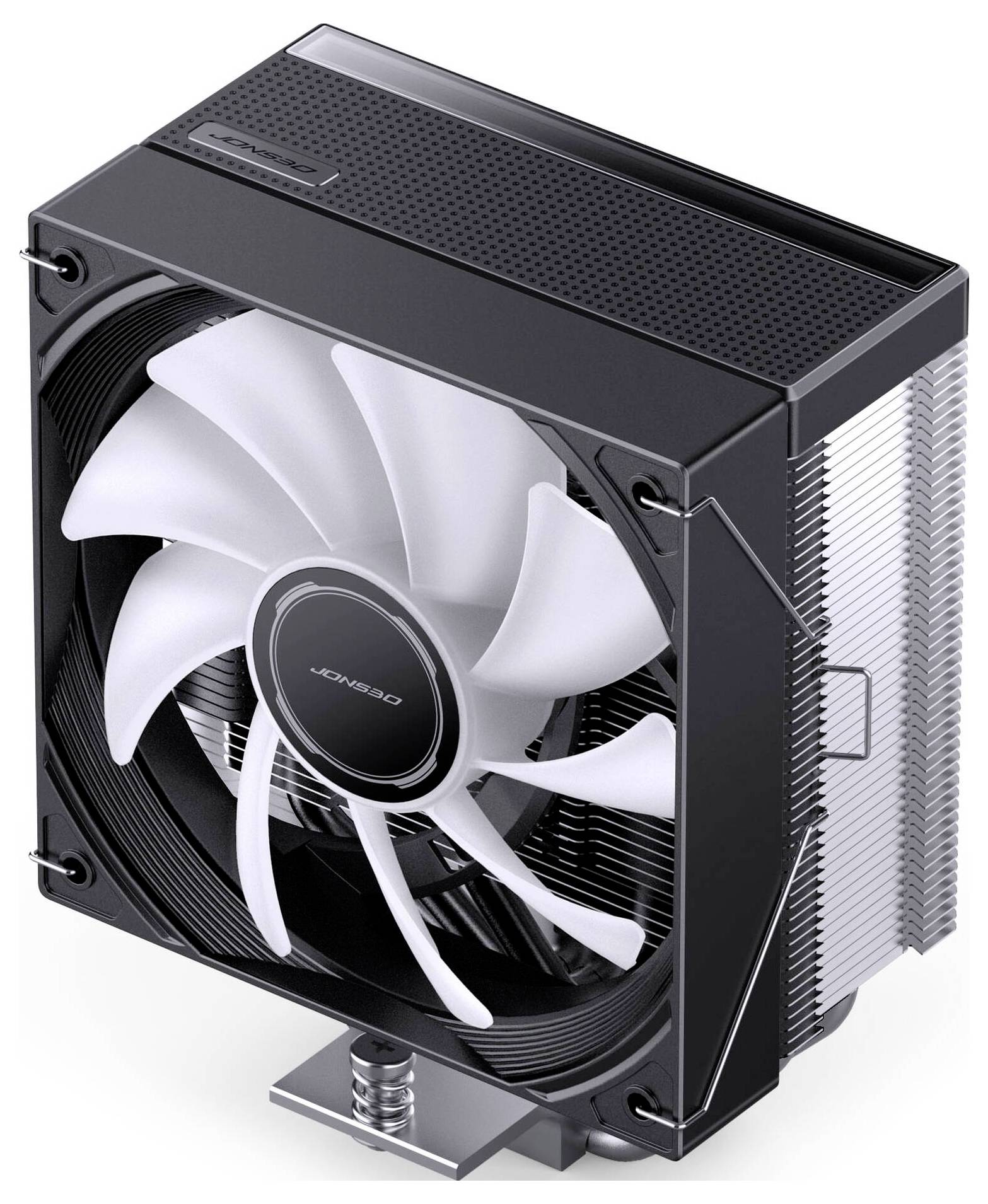 Černý chladič procesoru s velkým bílým ventilátorem a vrstvený kovový chladič na stříbrné podstavě.