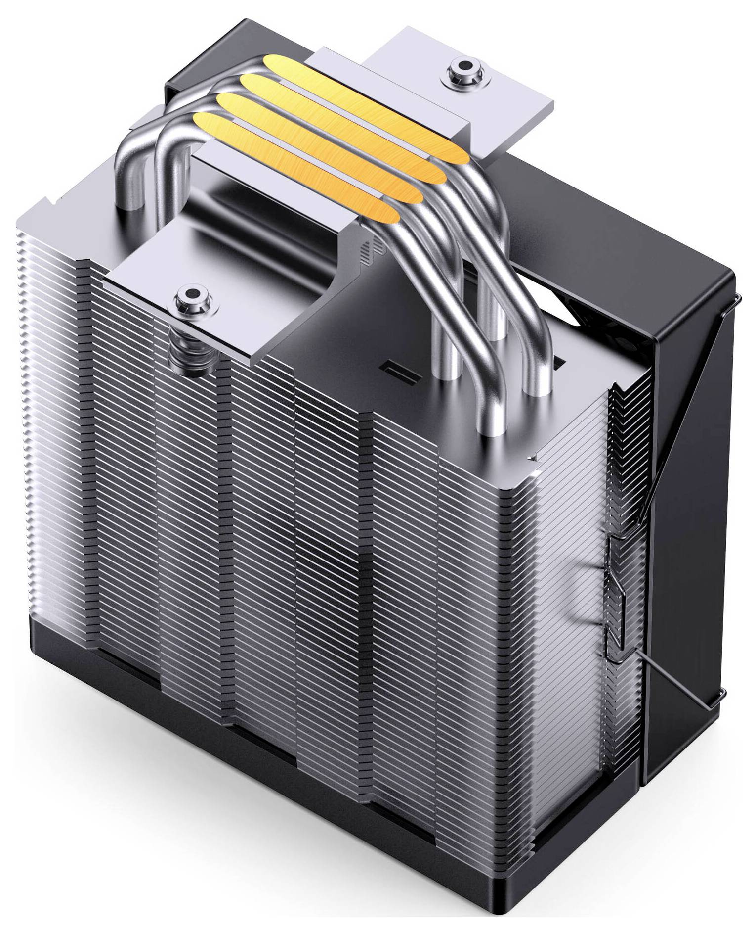 3D vykreslený počítačový chladič CPU se skládaným kovovým žebrováním, čtyřmi tepelnými trubicemi a horně umístěným shroudem ventilátoru