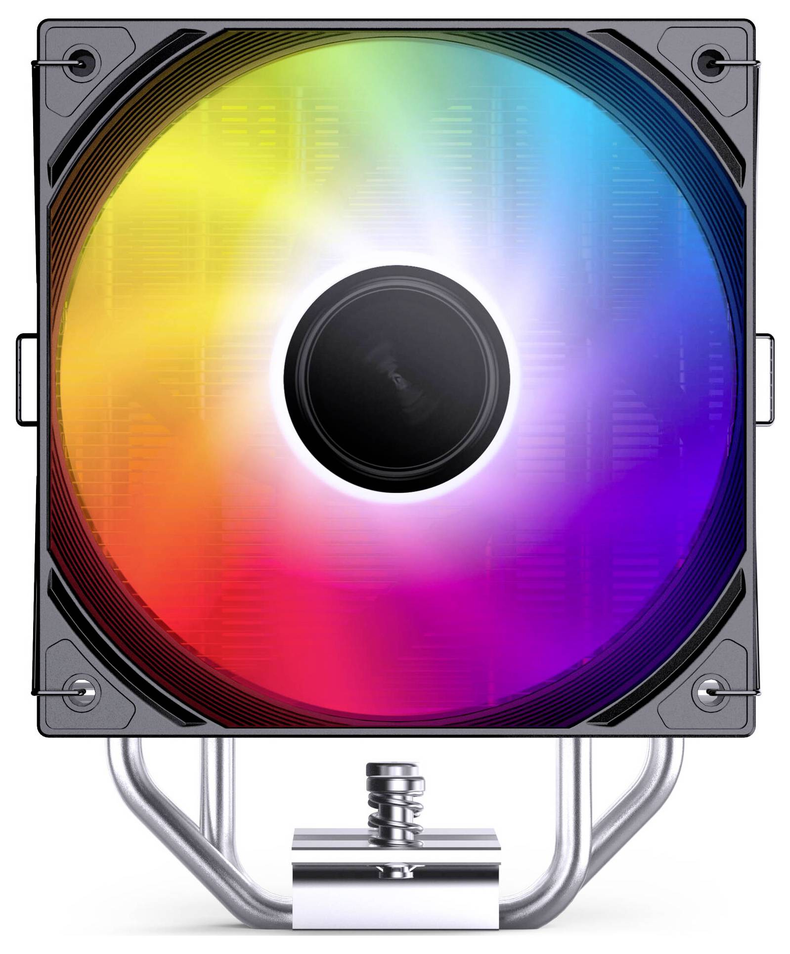 RGB chladicí ventilátor počítače s duhovým LED kroužkem v čtvercovém šedém rámu a centrálním středu, zobrazený zepředu na bílém pozadí.