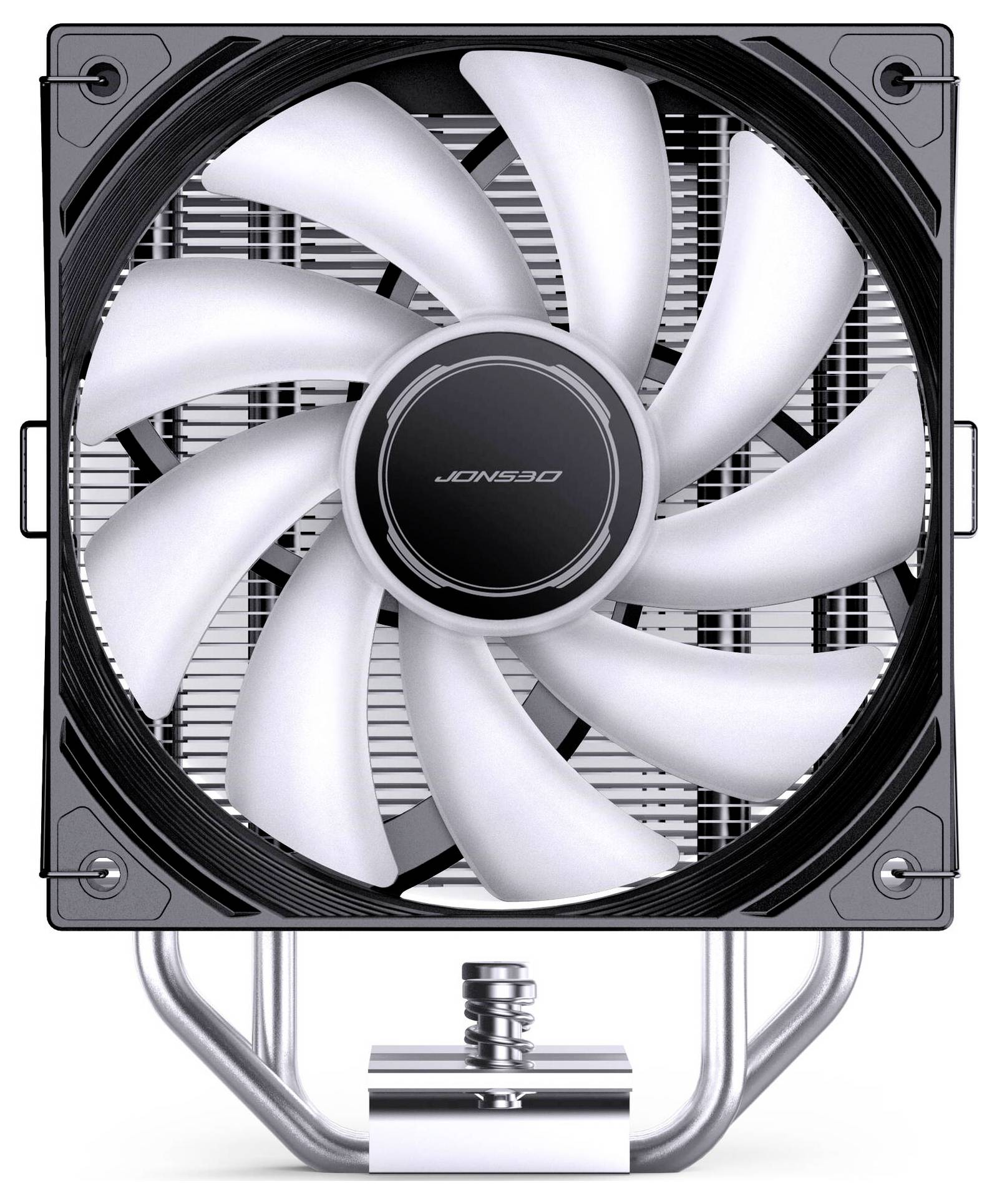Černobílý počítačový chladící ventilátor s devíti lopatkami a středovým hubem značky "JONSBO", připevněný na kovovém držáku chladiče.