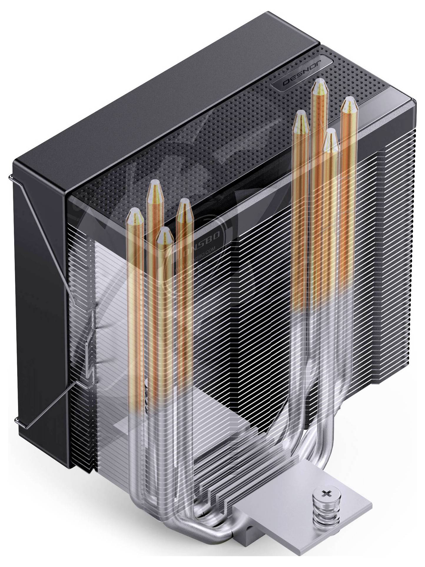 3D vykreslení chladiče CPU: stohované černé žebra se čtyřmi měděnými tepelnými trubicemi a montážní konzolou, zobrazeno na bílém pozadí.