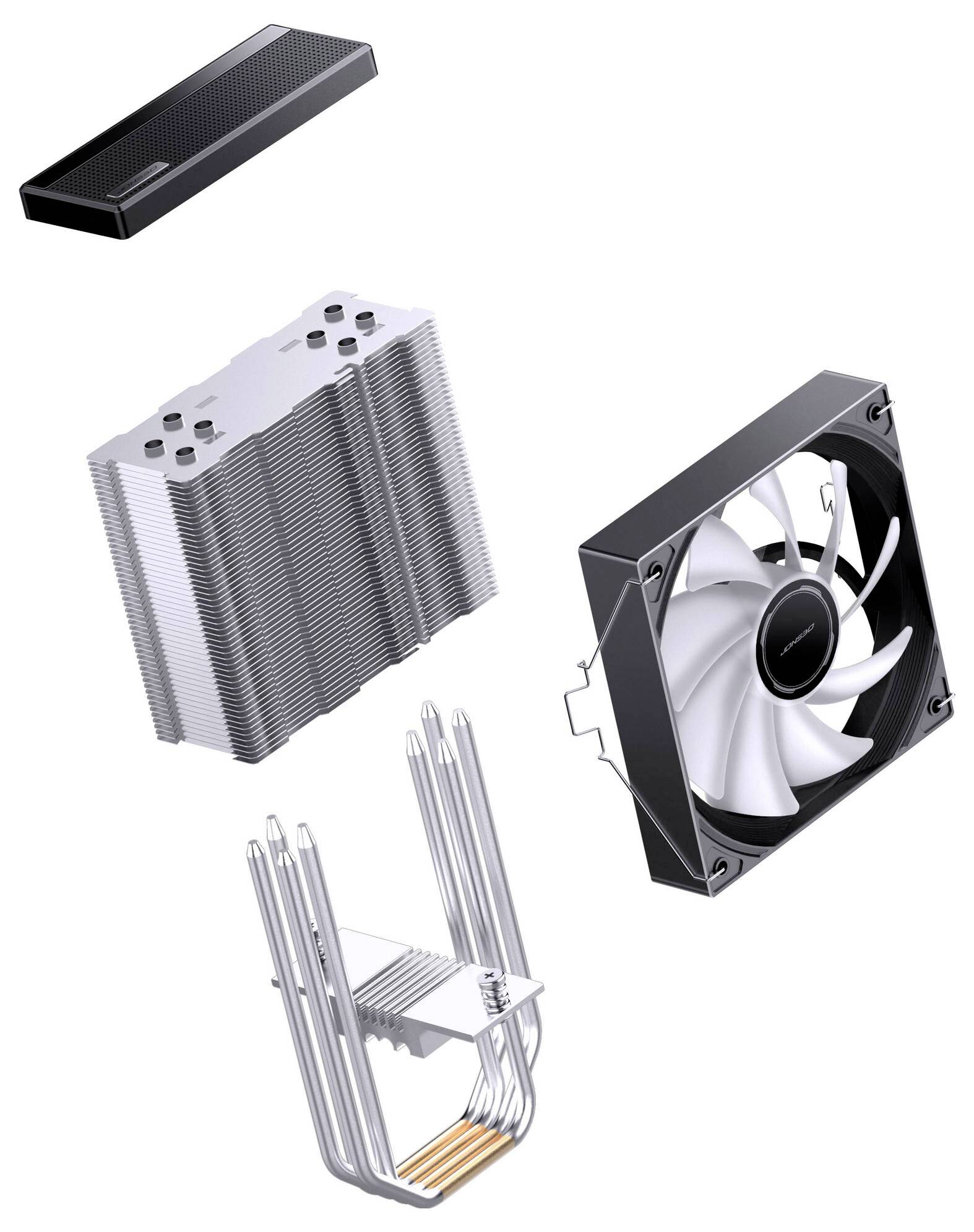 Rozložený pohled na CPU chladič počítače zobrazující ventilátor, chladič, montážní držák a tepelné trubice.