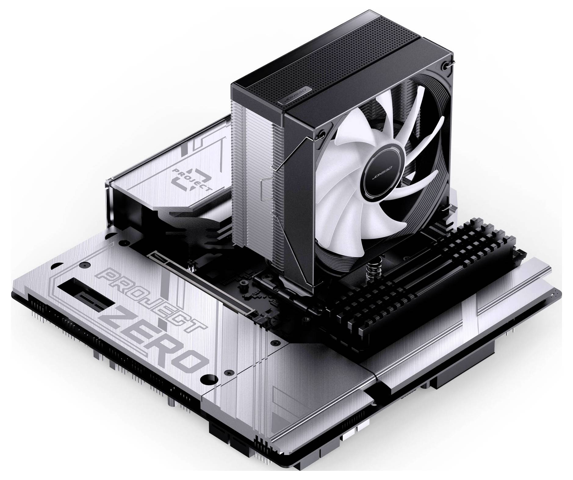 Stolní CPU chladič s jedním ventilátorem namontovaný na stříbrno-černé desce 'PROJECT ZERO'
