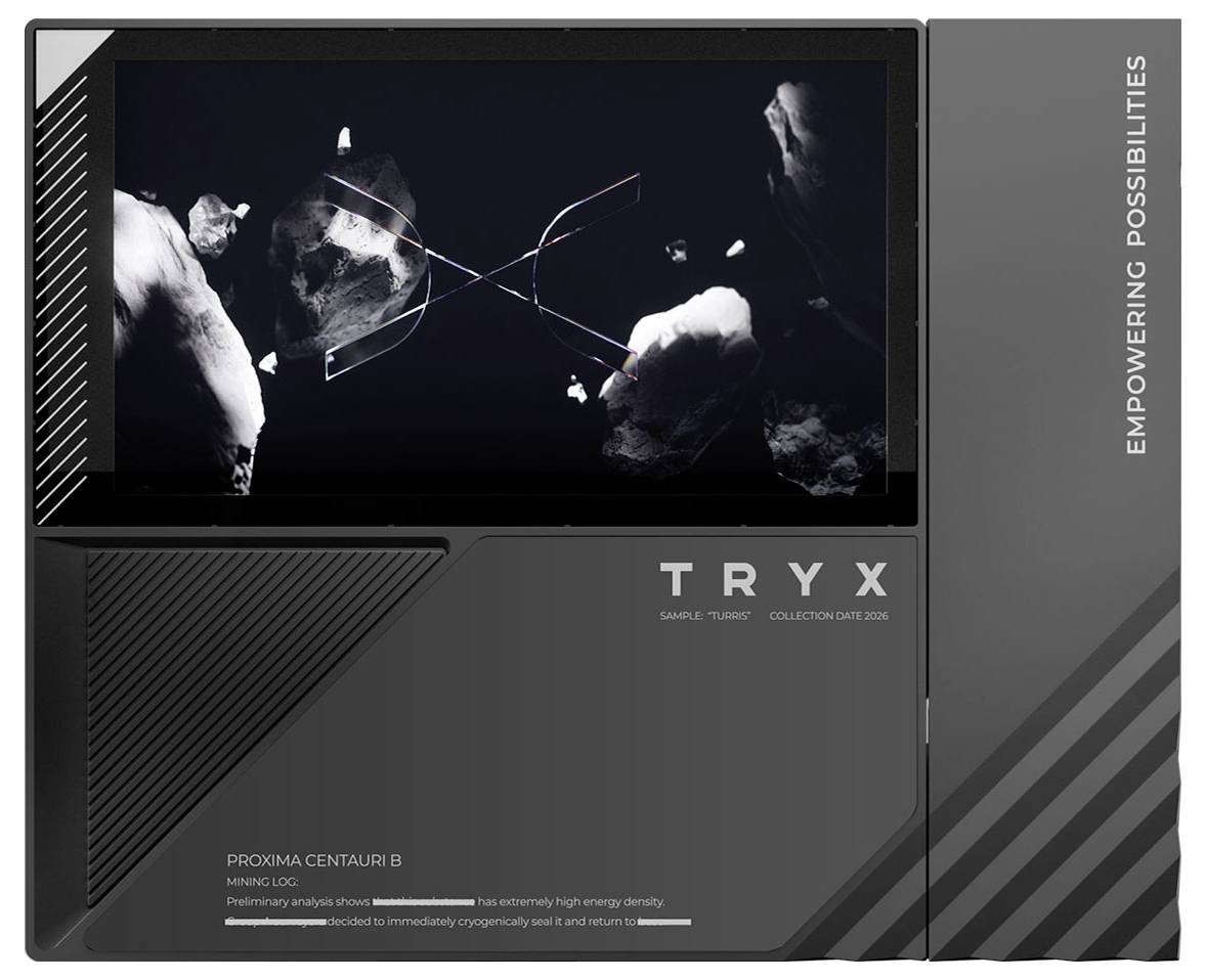 Temný futuristický plakát produktu s názvem "TRYX" abstraktní skalnatou vesmírnou imaginací, sloganem "EMPOWERING POSSIBILITIES" na pravé straně a malým textem produktu na spodní části.