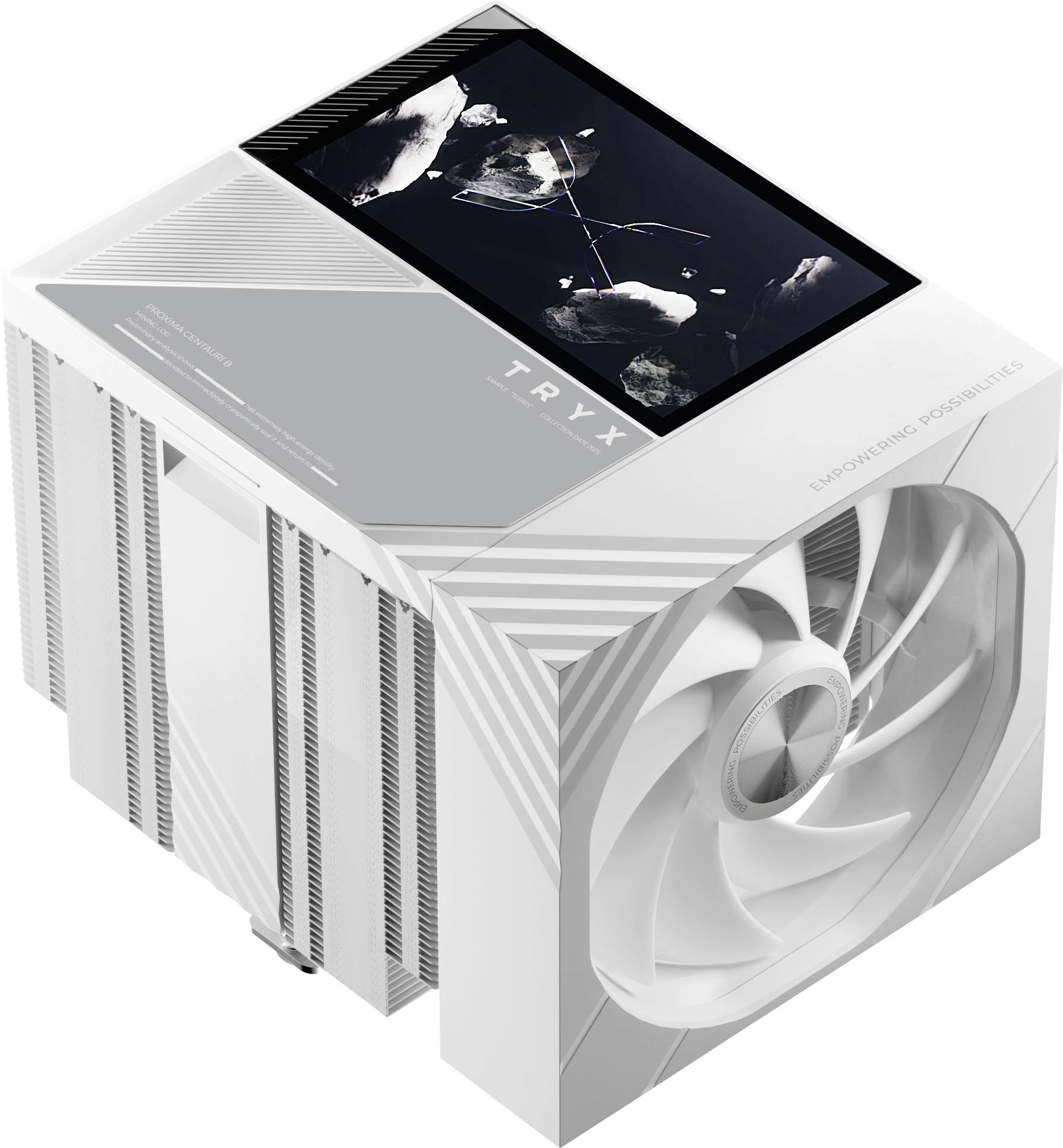 Bílý chladící blok TRYX s kapalinou pro počítač s integrovanou obrazovkou a velkým bočním ventilátorem, zobrazený v produktovém renderu.