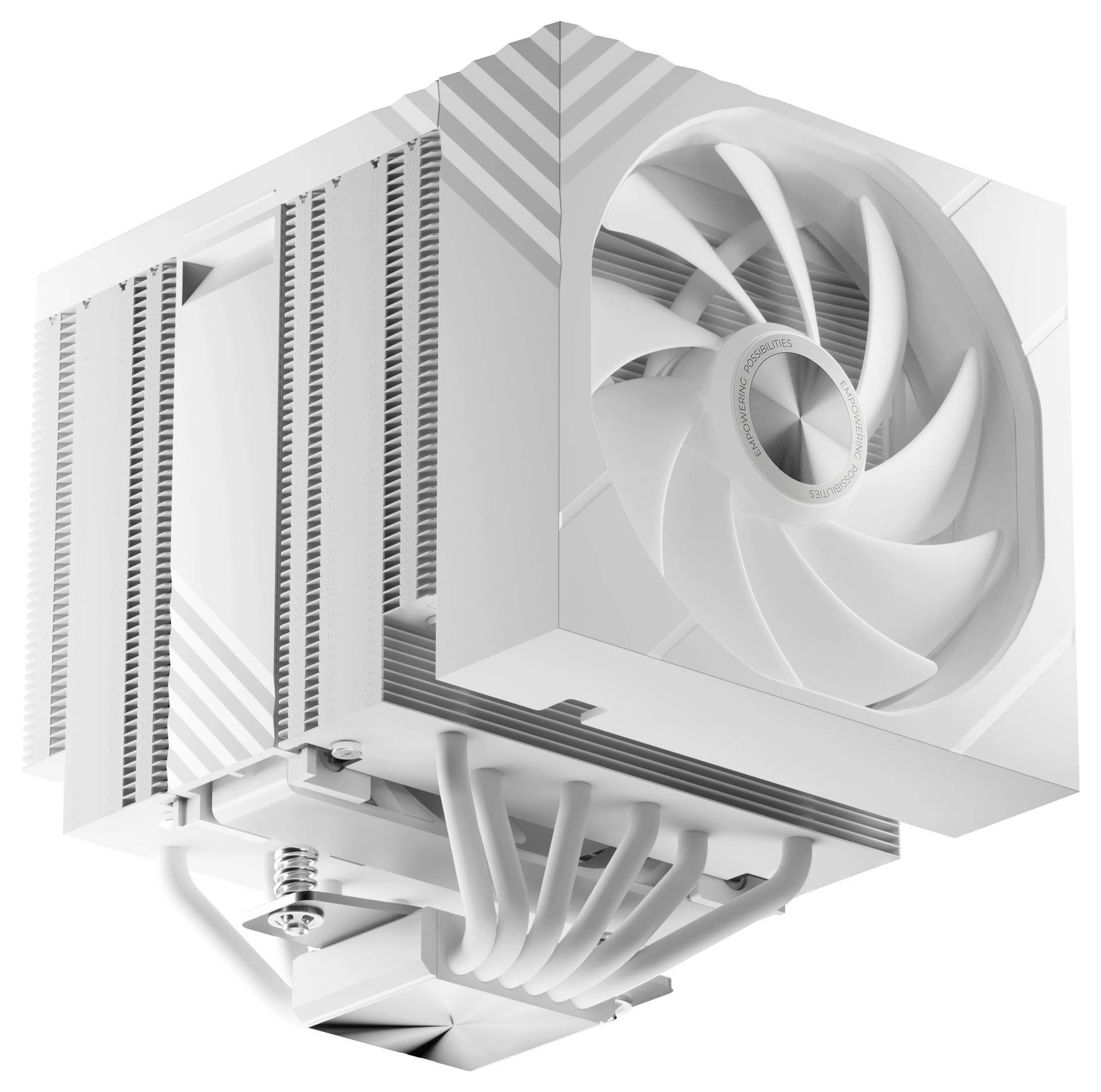 Bílý chladič CPU počítače se vzduchem s velkým ventilátorem a tepelnými trubicemi, zobrazený na bílém pozadí.