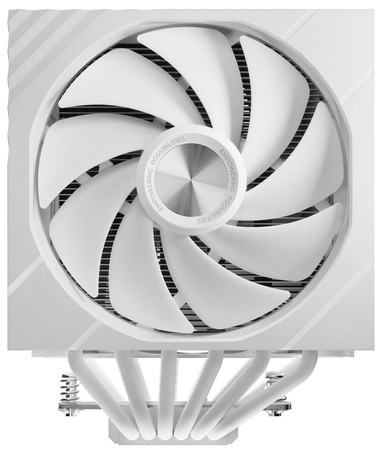 Detailní snímek bílého kruhového ventilačního ventilátoru se zakřivenými lopatkami a centrálním středem, namontovaného v čtvercovém pouzdře s viditelnými podpůrnými potrubími níže.