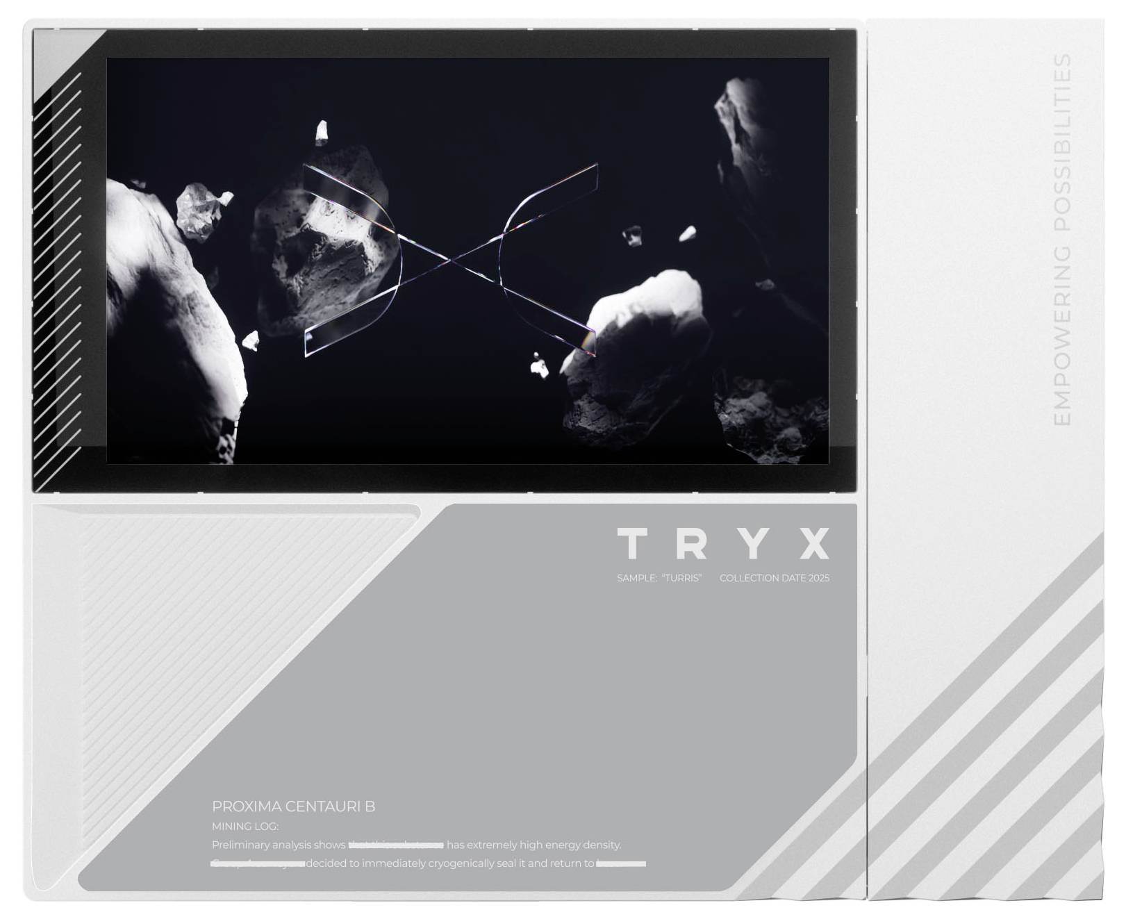 Propagační obal kolekce TRYX 'Sample Trance', který zobrazuje tmavý abstraktní obrázek se skálami a zářícími čarami na bílo-šedé krabici označené 'Empowering Possibilities'.