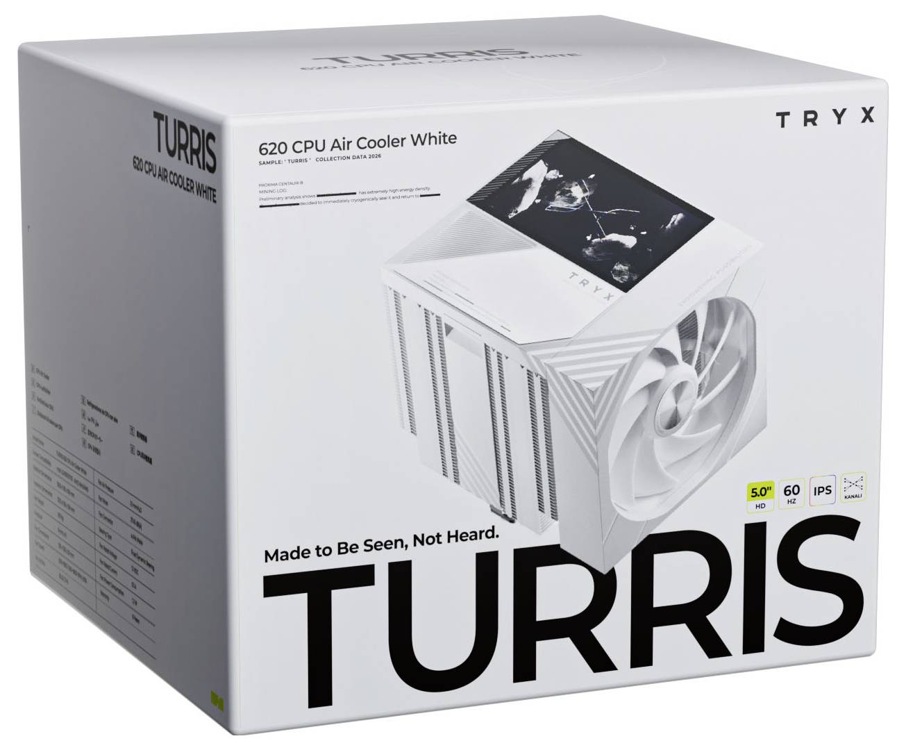 Krabice produktu TRYX Turris 620 CPU vzduchový chladič, bílý, zobrazující obrázek chladiče a slogan „Vytvořeno k tomu, aby bylo vidět, ne slyšet."