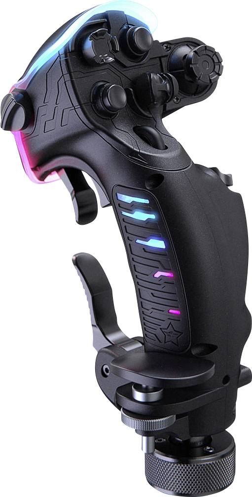 Černý herní joystick se zářícími modrými a růžovými LED akcentami, více tlačítky na vrcholu, palcovým spínačem a připevněnou základnou na bílém pozadí