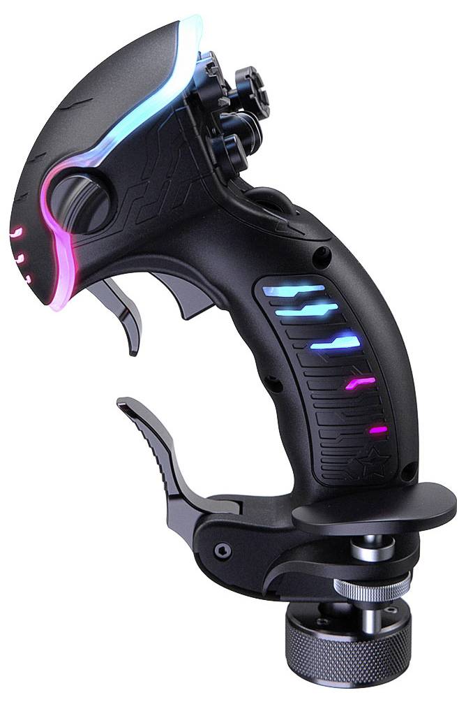 Černý ergonomický herní ovladač nebo joystick se světelnými LED akcenty v neonově modré a růžové barvě, připevněný na svěrací základnu na bílém pozadí.