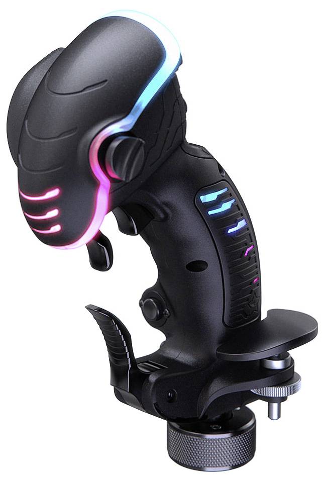 Futuristický černý herní joystick se svítícími neonovými růžovými a modrými detaily LED, spouštěcími tlačítky a základnou pro upevnění na bílém pozadí.