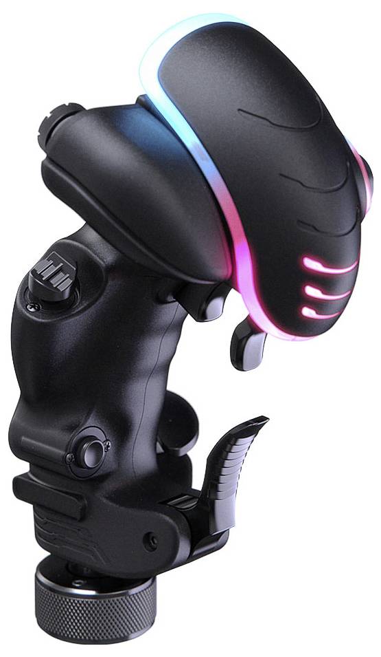Černý herní joystick s osvětleným modrým a růžovým lemováním, zobrazený v detailním záběru na bílém pozadí.