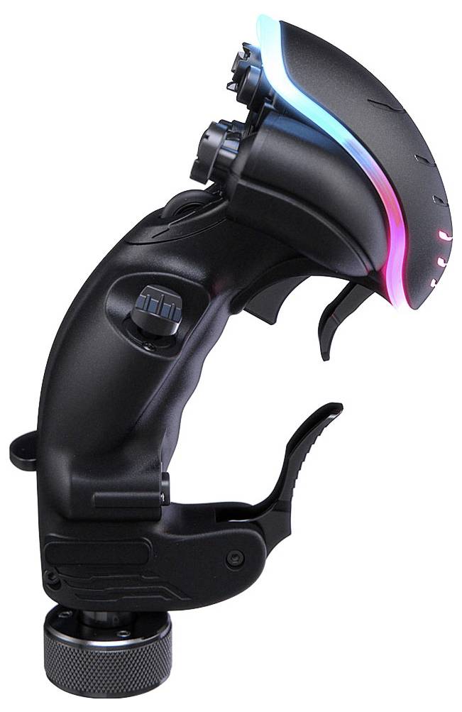 Černá herní myš s ergonomickou nastavitelnou úchopkou a akcentem RGB osvětlení podél horní a přední části