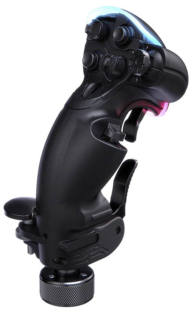 Černý joystick řídící prvek letušího s více tlačítky, palcovými páčkami a strukturovanou základnou, zobrazený na bílém pozadí.