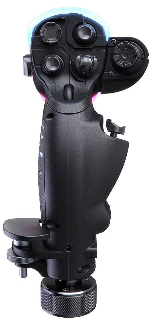 Černý průmyslový joystick s více tlačítky pro palec, úchopem se spouští a velkou základnou, zobrazený na bílém pozadí.