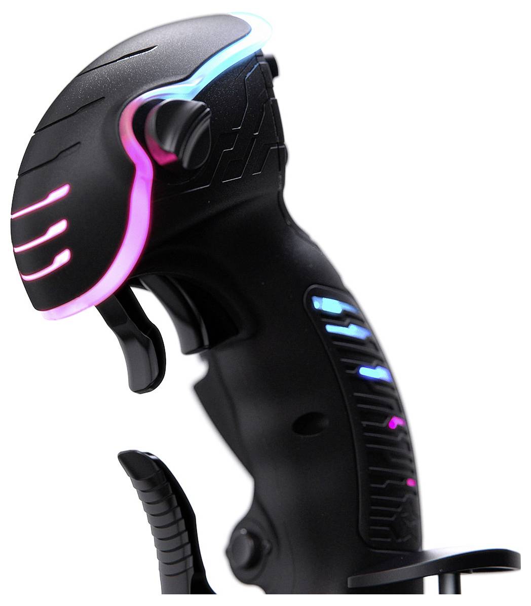 Černý sci-fi stylový joystick kontrolér se svítícími růžovými a modrými LED akcenty na bílém pozadí.
