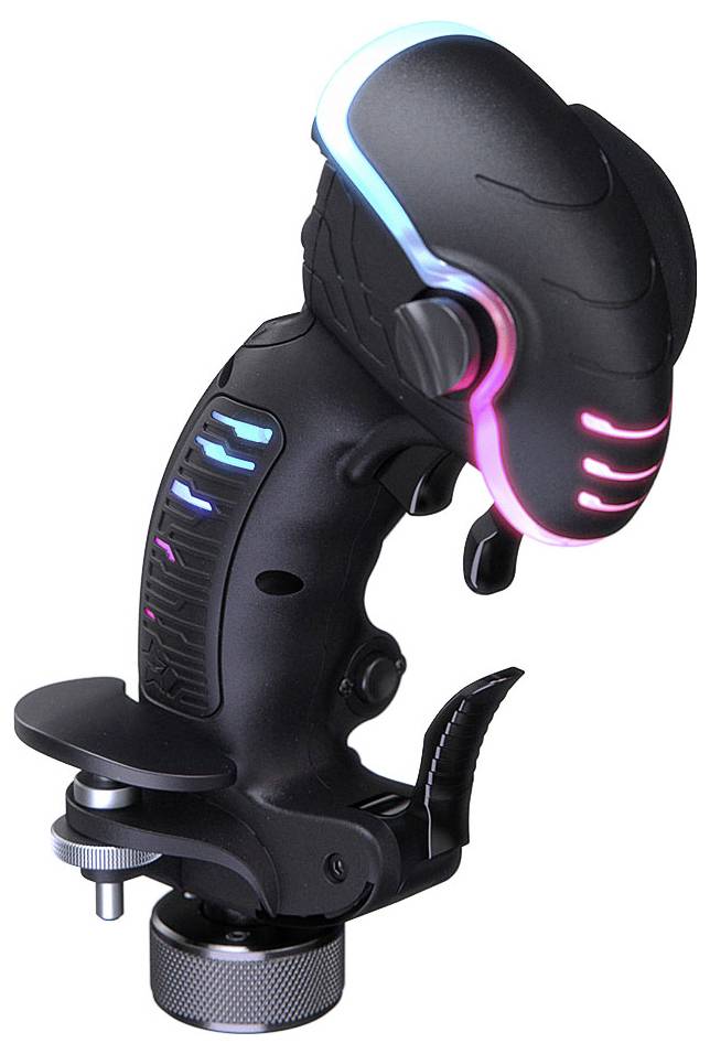 Futuristický herní ovladač ve stylu joysticku s černým provedením, zářícími modrými a růžovými LED diodami, úchopem na spoušť a upínací montážní základnou na bílém pozadí