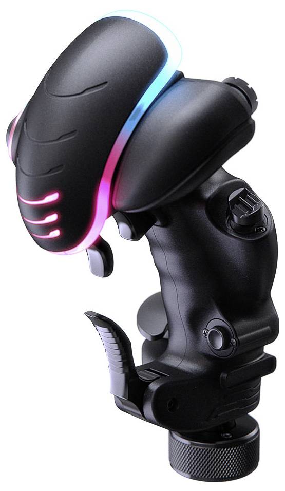 Černý nastavitelný herní joystick s světelně růžovými a modrými LED doplňky na bílém pozadí.