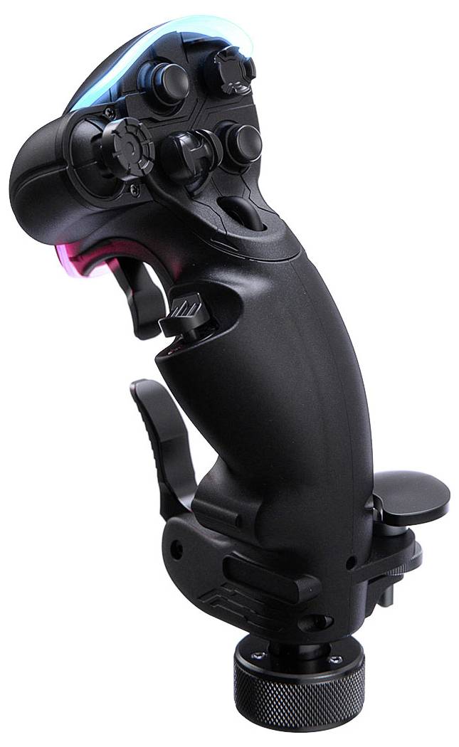 Černý herní joystick ovladač s více tlačítky, spouští a krутícím se podstavcem, zobrazen na bílém pozadí.