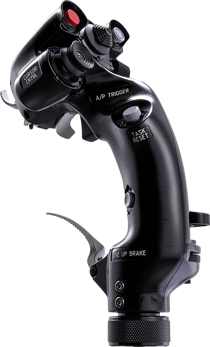 Černý joystick ovladač letadla s více tlačítky a spouštěcími prvky, označený "CURSOR CTRL", "A/P TRIGGER", "TASK RESET" a "FIRE UP BRAKE".