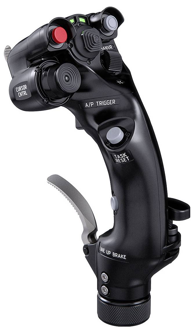 Černý letadlový grip pro ovládání plynu s více tlačítky a knoflíky, označený "ovládání kurzoru", "spouštěč A/P", "výběr úkolu" a "horní brzda" na bílém pozadí.