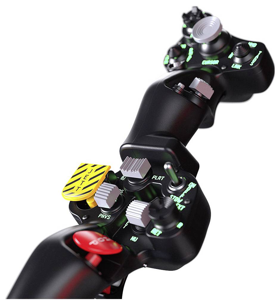 Černý herní joystick s více tlačítky a přepínači, zobrazený v detailním záběru na bílém pozadí.