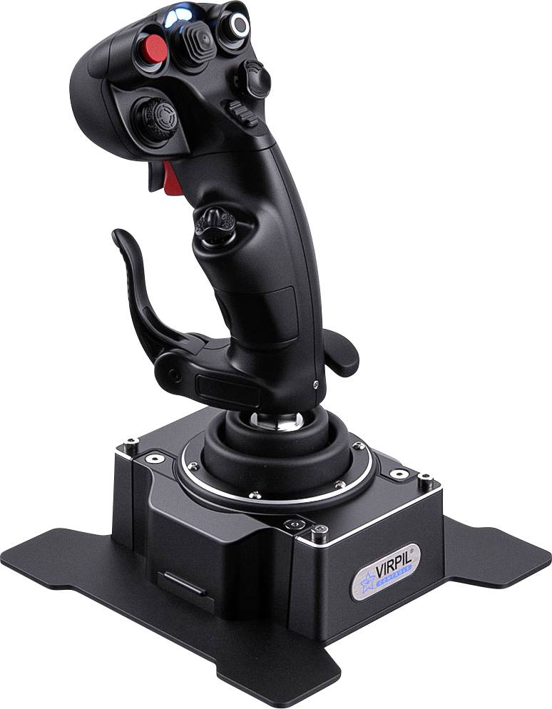 Černý joystick řadicího panelu letového simulátoru připevněný na základně s více tlačítky a spouští s rukojetí.
