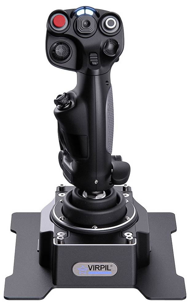 Černý letový simulátor joystick na montážní základně s více tlačítky a spouští na rukojeti.