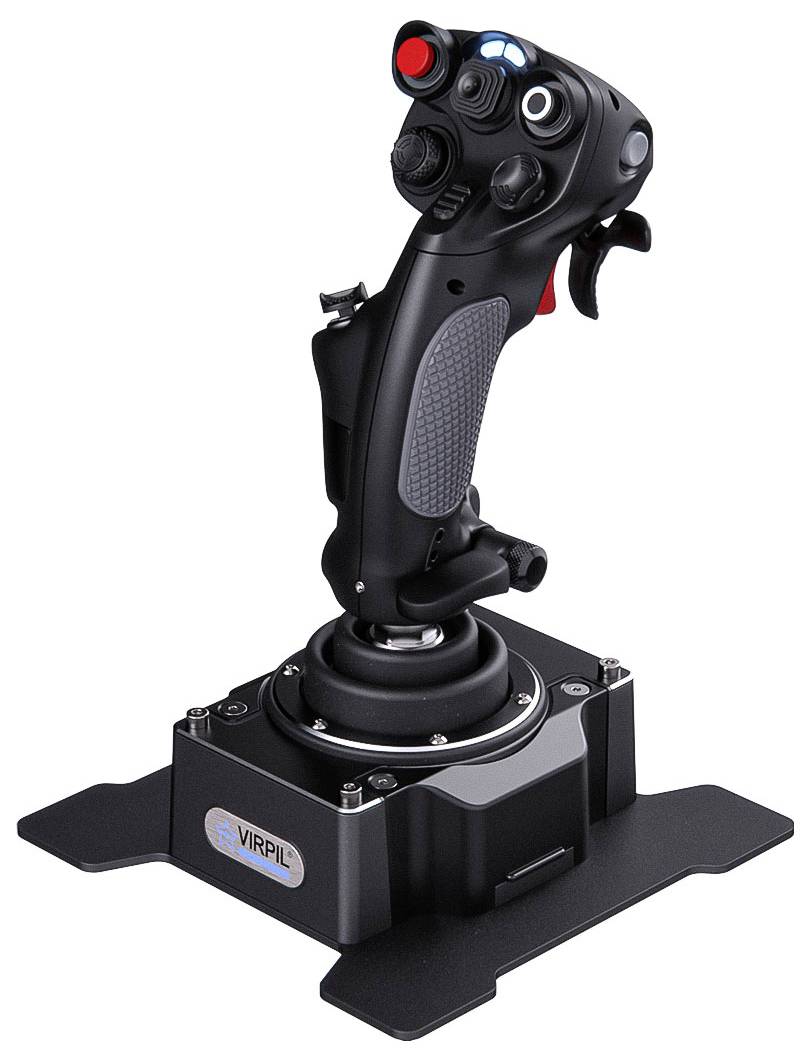 Černý joystick pro letový simulátor Virpil s více červenými a bílými tlačítky na montážní základně, zobrazený na bílém pozadí