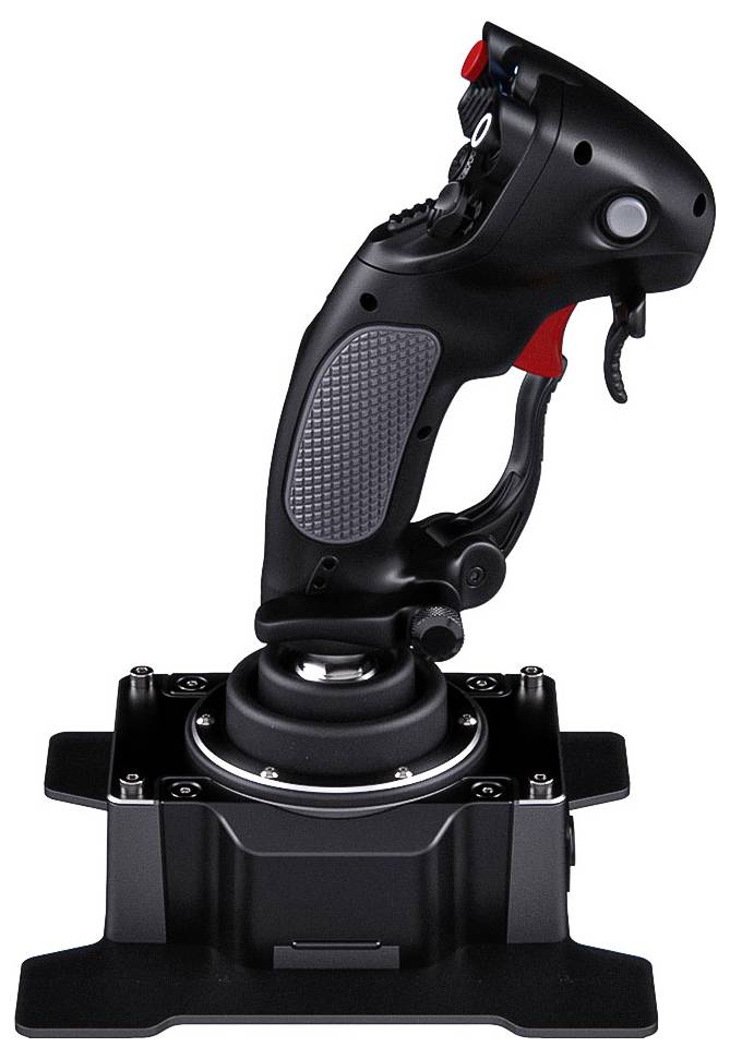 Černý joystick letového simulátoru namontovaný na podstavci s tlačítky, spoušť a rukojetí na bílém pozadí.