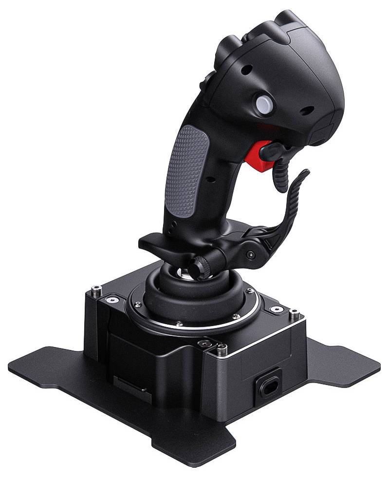Černý ovladač letového řízení v podobě joysticku připevněný na podstavci, izolovaný na bílém pozadí.