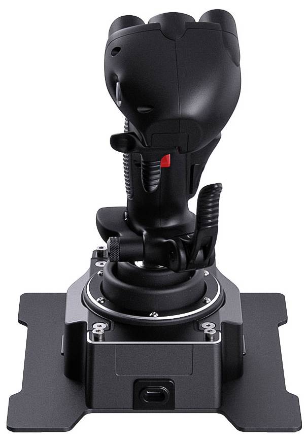 Černý joystick na řídící páku letadla namontovaný na podstavci, zobrazený na jednoduchém bílém pozadí.