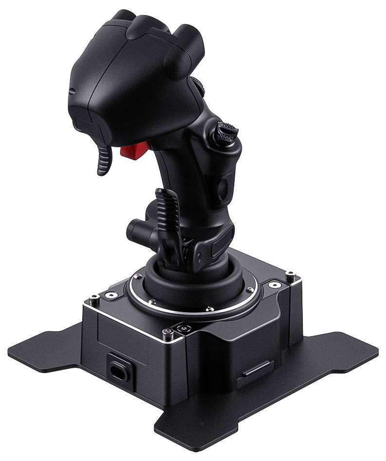 Černý joystick letového řízení namontovaný na čtvercové základně, izolovaný na bílém pozadí.