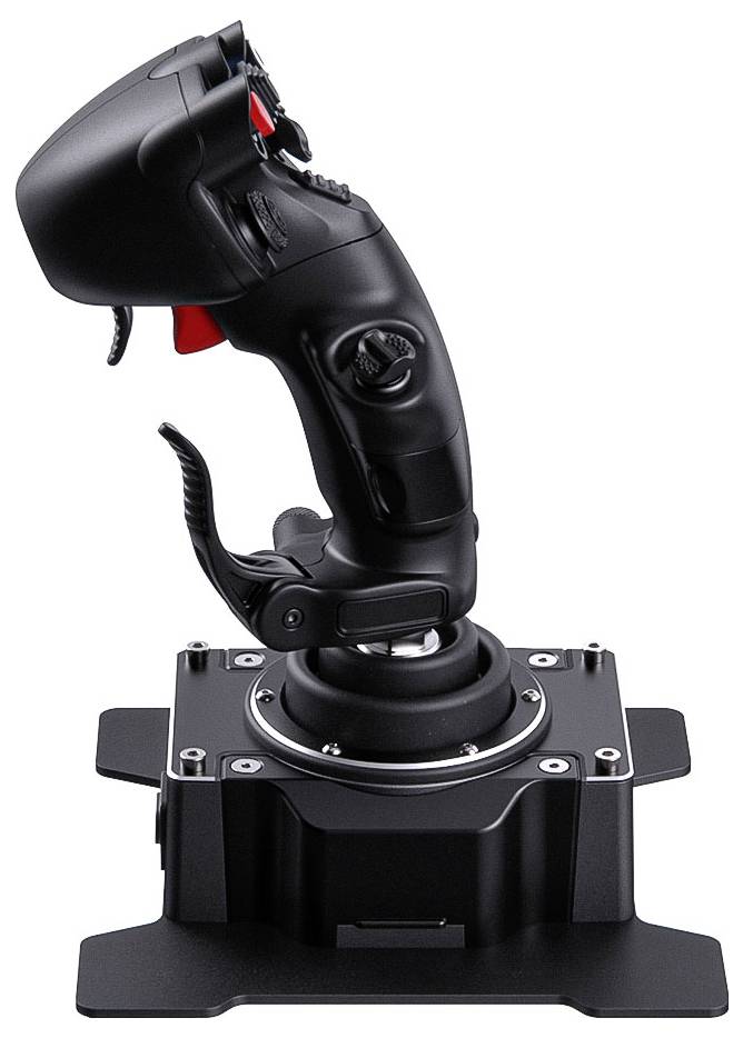 Černý joystick letového řízení se stmívačem a spouští namontovanými na čtvercové podstavě, zobrazený na bílém pozadí.