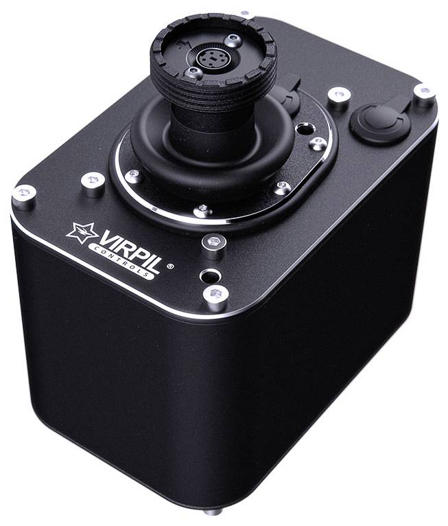Základna joysticku Black Virpil Controls se středovým upevněním řídící páky a horními tlačítky, zobrazena na bílém pozadí.
