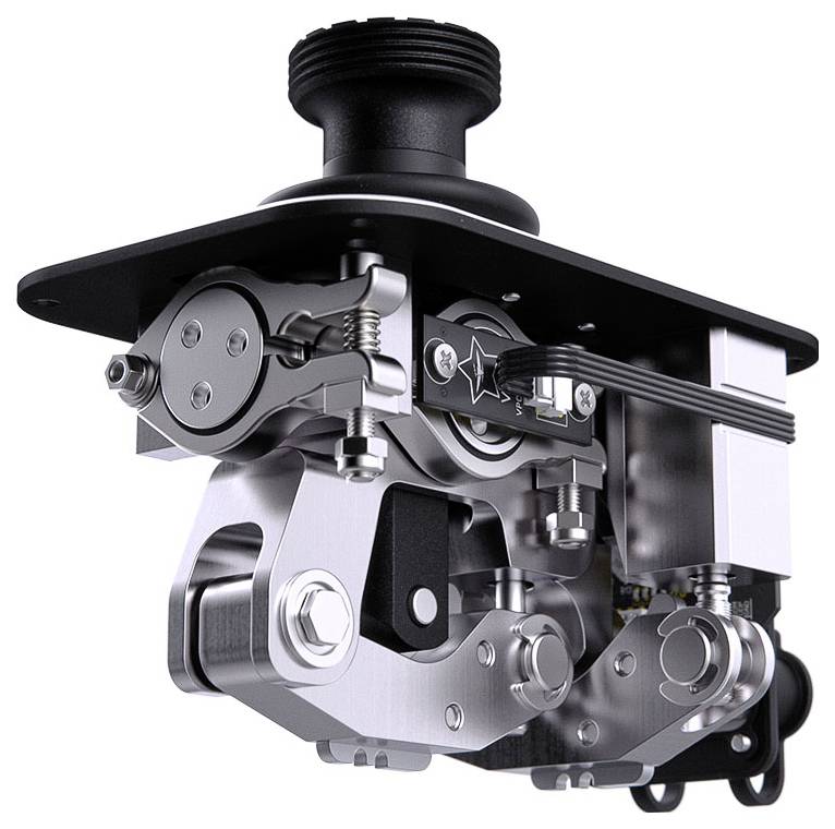 Detailní záběr 3D vykreslené kovové mechanické součástky s ozubenými koly, pružinami a držáky uvnitř černého pouzdra.