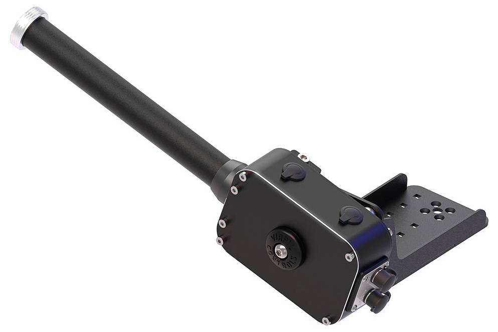 Černá mechanická převodovka nebo aktuátor s dlouhým hřídelem a montážní deskou zobrazené na bílém pozadí.