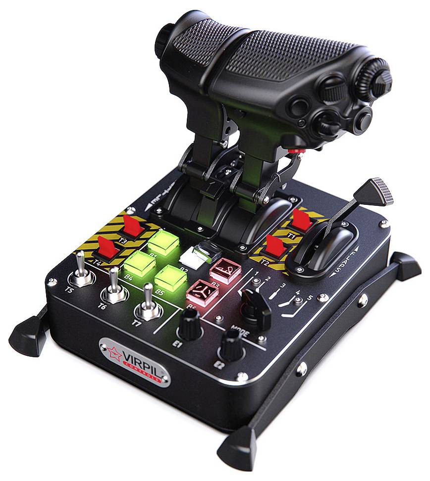 Letový joystick řadiče VIRPIL s velkým úchopem, pákou plynu a četnými osvětlenými tlačítky a přepínači na černé základně.