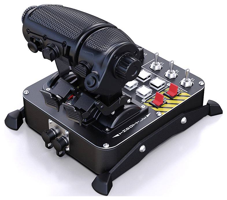 Černý simulátor letu joystick páka plynů ovládací panel s tlačítky a přepínači, zobrazený na stojanu před bílým pozadím.