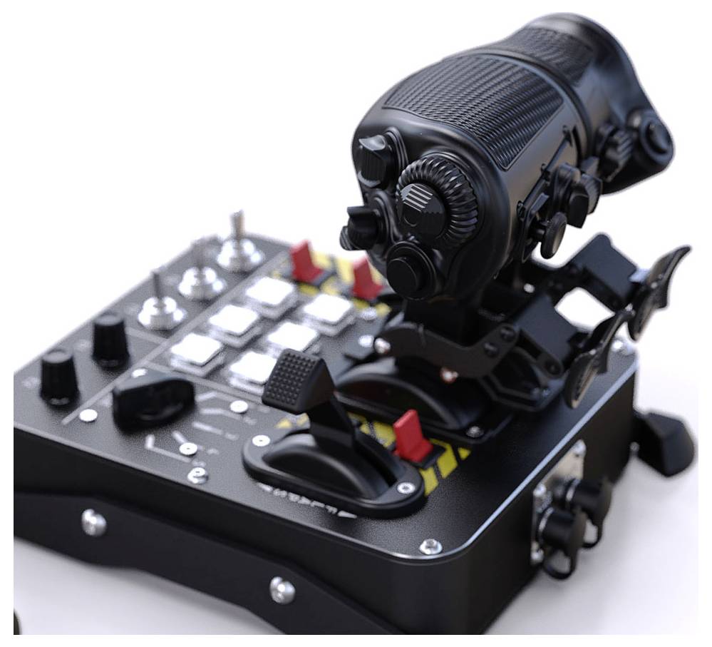 Černý simulátor letu joystick a ovládací panel se spínači, knoflíky a připevněným zařízením podobným vizíru na bílém pozadí.