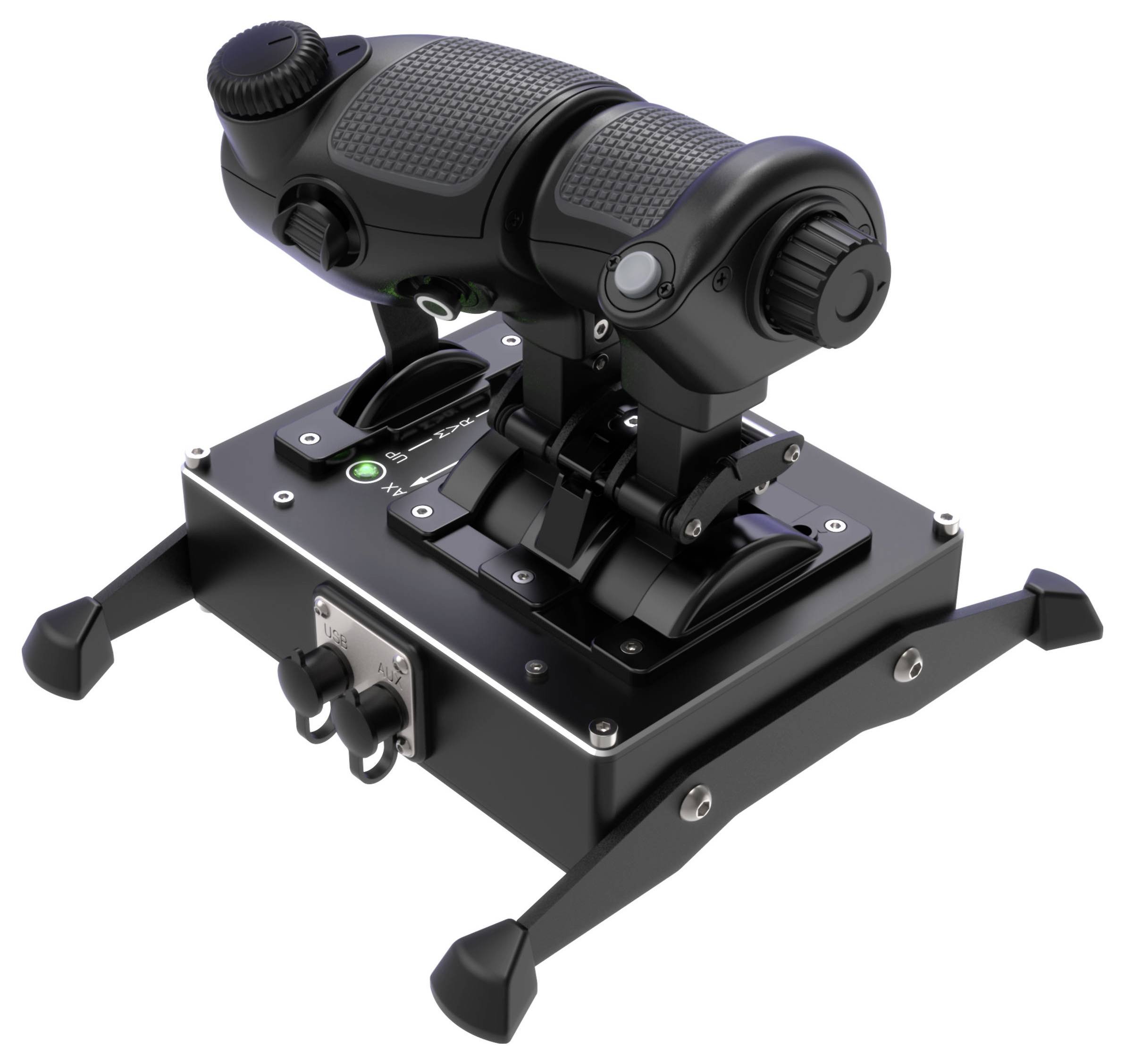 Černý letový joystick připevněný na kompaktní základně se čtyřmi stabilizačními nožičkami, připomínající simulační ovladač.