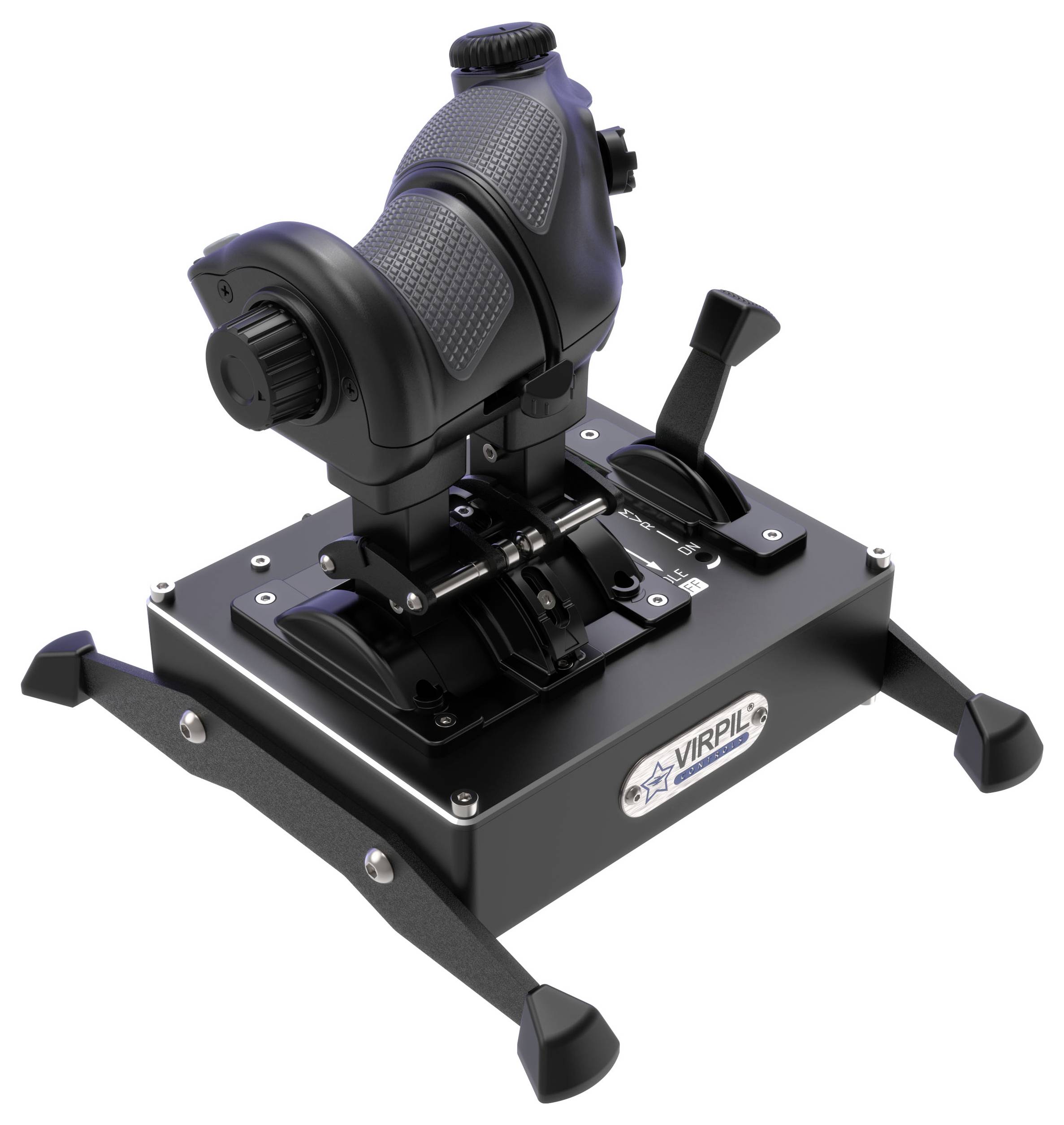Černý joystick VIRPIL pro létání připevněný na stojaté základně se sloučítky ovládání a nastavitelnými úchyty, zobrazený na bílém pozadí.